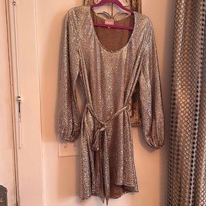 Show Me Your Mumu XL gold shimmer dress with tie at waist.